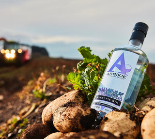 arbikie kirstys gin 70cl bottle lying in potato field